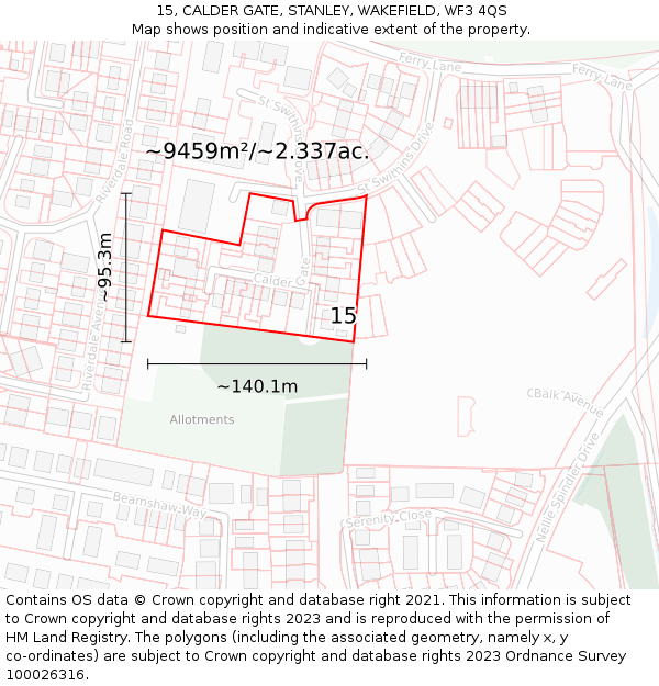 15, CALDER GATE, STANLEY, WAKEFIELD, WF3 4QS: Plot and title map