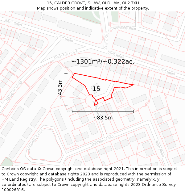 15, CALDER GROVE, SHAW, OLDHAM, OL2 7XH: Plot and title map