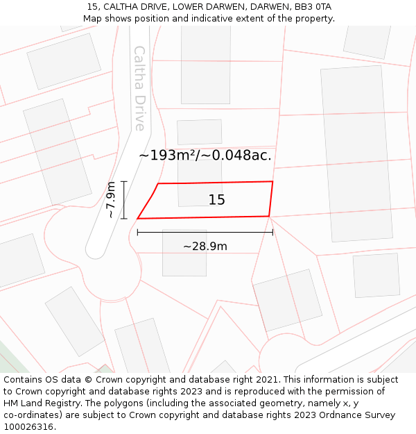 15, CALTHA DRIVE, LOWER DARWEN, DARWEN, BB3 0TA: Plot and title map