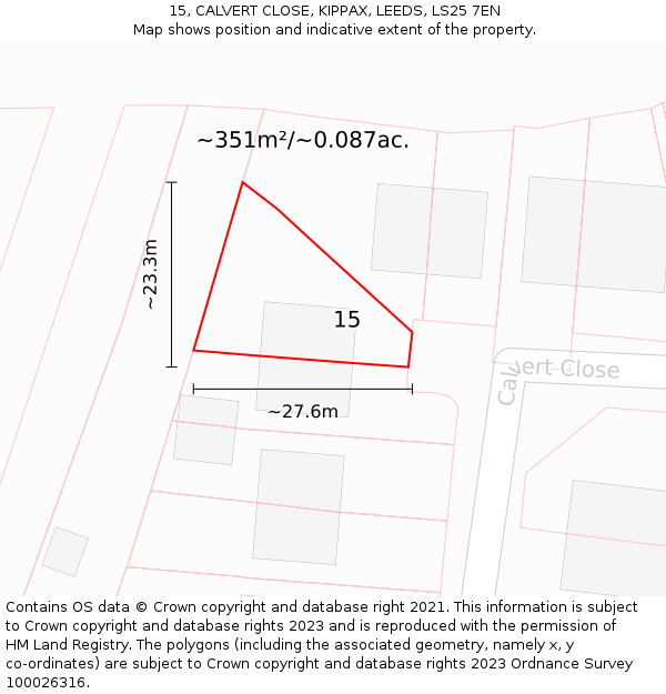 15, CALVERT CLOSE, KIPPAX, LEEDS, LS25 7EN: Plot and title map