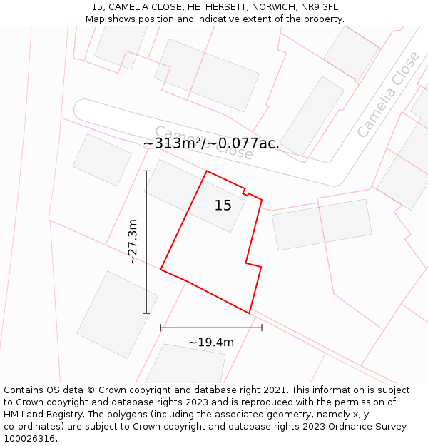 15, CAMELIA CLOSE, HETHERSETT, NORWICH, NR9 3FL: Plot and title map