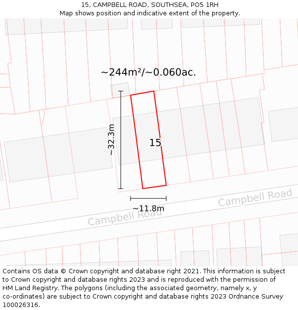 15, CAMPBELL ROAD, SOUTHSEA, PO5 1RH: Plot and title map