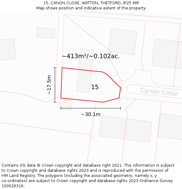 15, CANON CLOSE, WATTON, THETFORD, IP25 6RF: Plot and title map