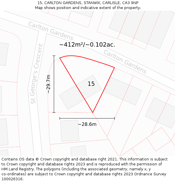 15, CARLTON GARDENS, STANWIX, CARLISLE, CA3 9NP: Plot and title map