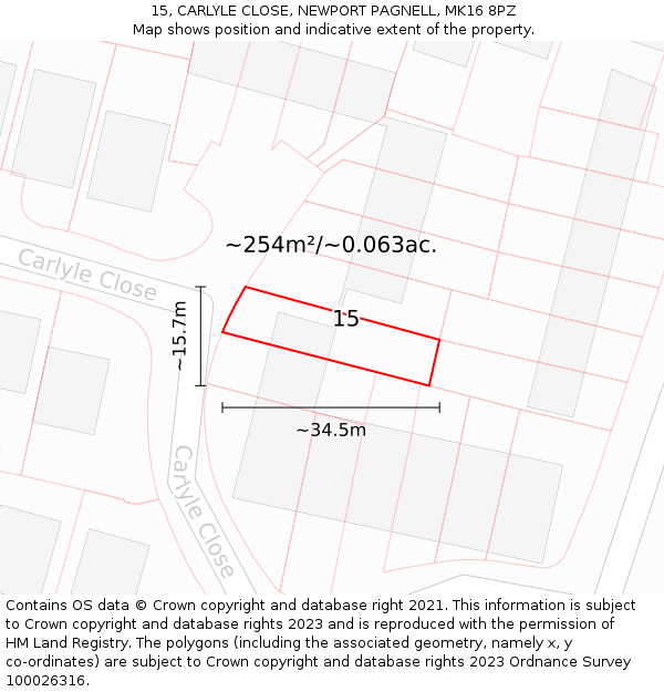15, CARLYLE CLOSE, NEWPORT PAGNELL, MK16 8PZ: Plot and title map
