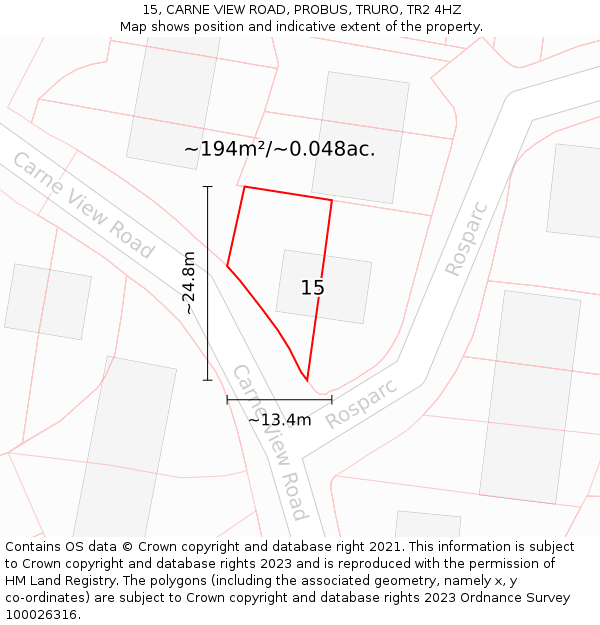 15, CARNE VIEW ROAD, PROBUS, TRURO, TR2 4HZ: Plot and title map