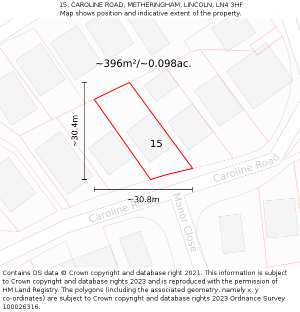 15, CAROLINE ROAD, METHERINGHAM, LINCOLN, LN4 3HF: Plot and title map