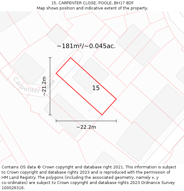 15, CARPENTER CLOSE, POOLE, BH17 8DF: Plot and title map