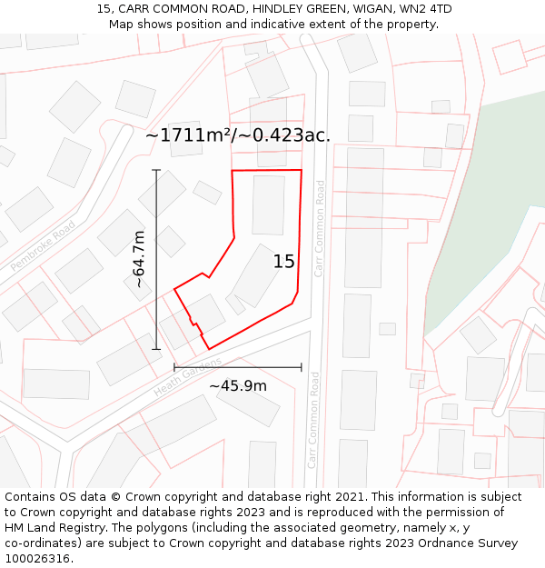 15, CARR COMMON ROAD, HINDLEY GREEN, WIGAN, WN2 4TD: Plot and title map