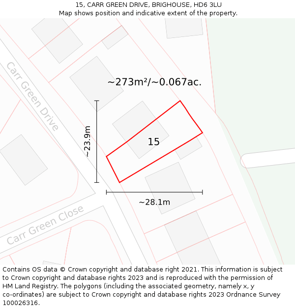 15, CARR GREEN DRIVE, BRIGHOUSE, HD6 3LU: Plot and title map