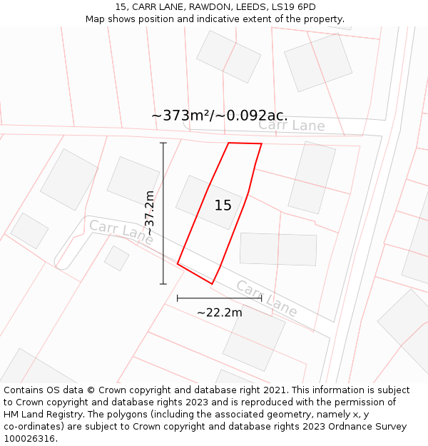 15, CARR LANE, RAWDON, LEEDS, LS19 6PD: Plot and title map