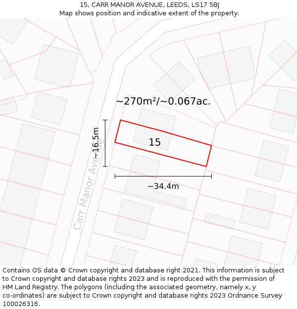 15, CARR MANOR AVENUE, LEEDS, LS17 5BJ: Plot and title map