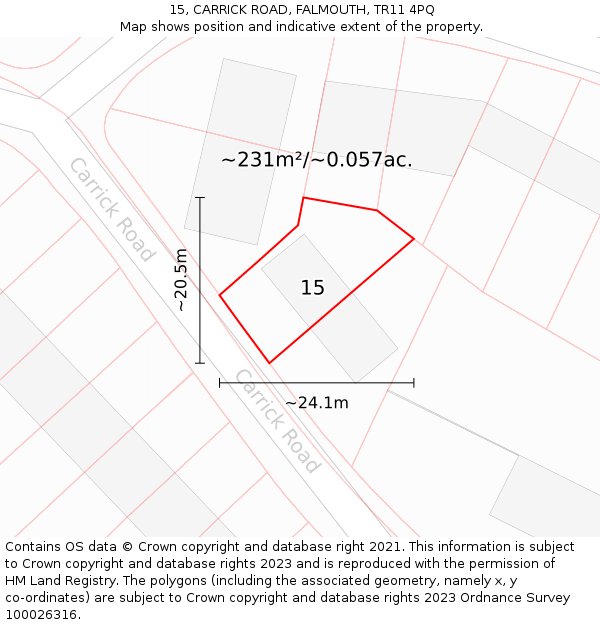 15, CARRICK ROAD, FALMOUTH, TR11 4PQ: Plot and title map