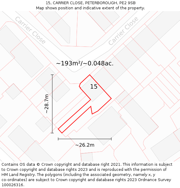 15, CARRIER CLOSE, PETERBOROUGH, PE2 9SB: Plot and title map