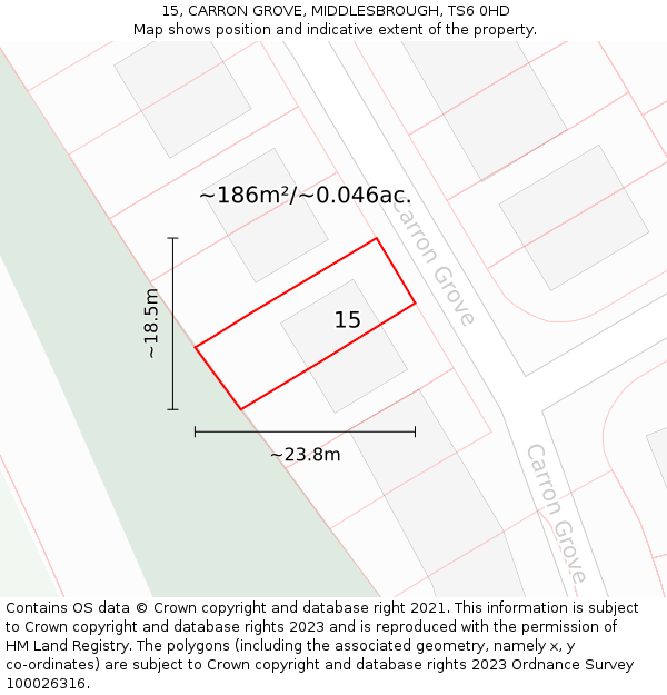 15, CARRON GROVE, MIDDLESBROUGH, TS6 0HD: Plot and title map