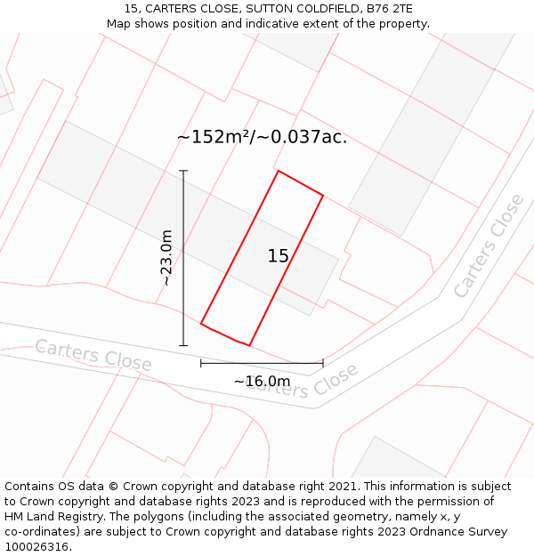 15, CARTERS CLOSE, SUTTON COLDFIELD, B76 2TE: Plot and title map