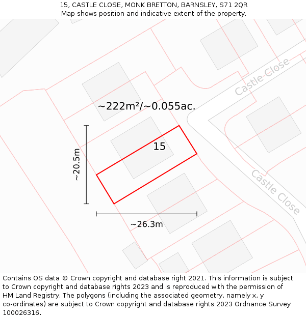 15, CASTLE CLOSE, MONK BRETTON, BARNSLEY, S71 2QR: Plot and title map