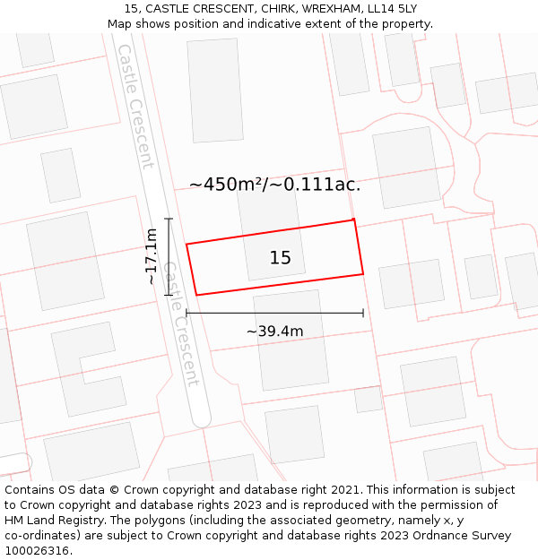 15, CASTLE CRESCENT, CHIRK, WREXHAM, LL14 5LY: Plot and title map