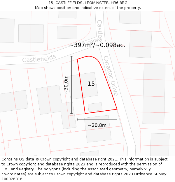 15, CASTLEFIELDS, LEOMINSTER, HR6 8BG: Plot and title map