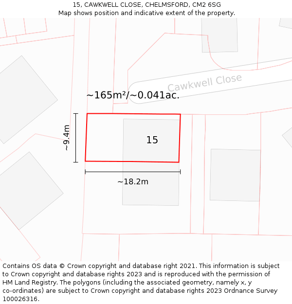 15, CAWKWELL CLOSE, CHELMSFORD, CM2 6SG: Plot and title map
