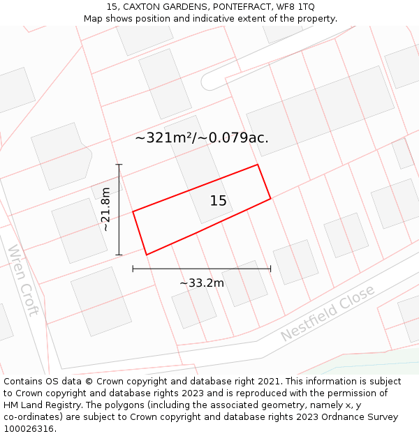 15, CAXTON GARDENS, PONTEFRACT, WF8 1TQ: Plot and title map