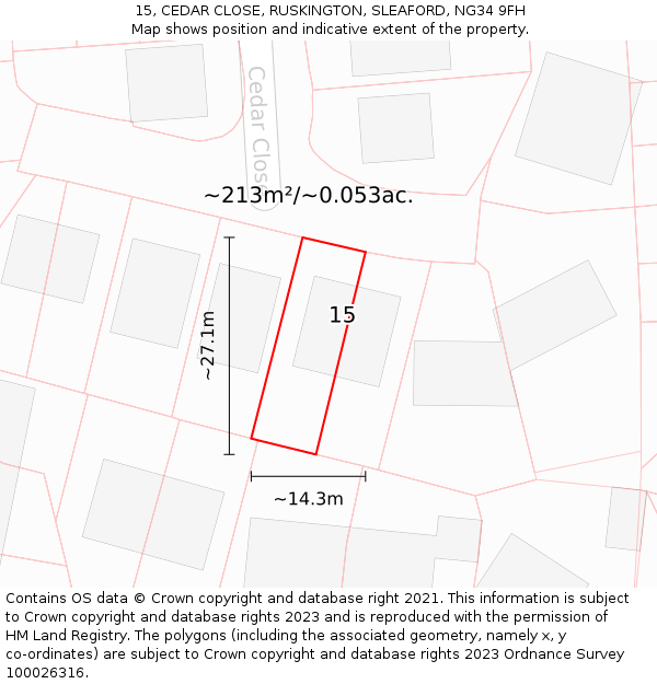 15, CEDAR CLOSE, RUSKINGTON, SLEAFORD, NG34 9FH: Plot and title map