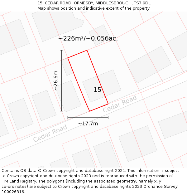 15, CEDAR ROAD, ORMESBY, MIDDLESBROUGH, TS7 9DL: Plot and title map