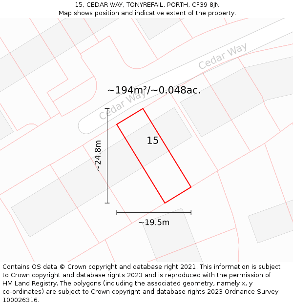 15, CEDAR WAY, TONYREFAIL, PORTH, CF39 8JN: Plot and title map