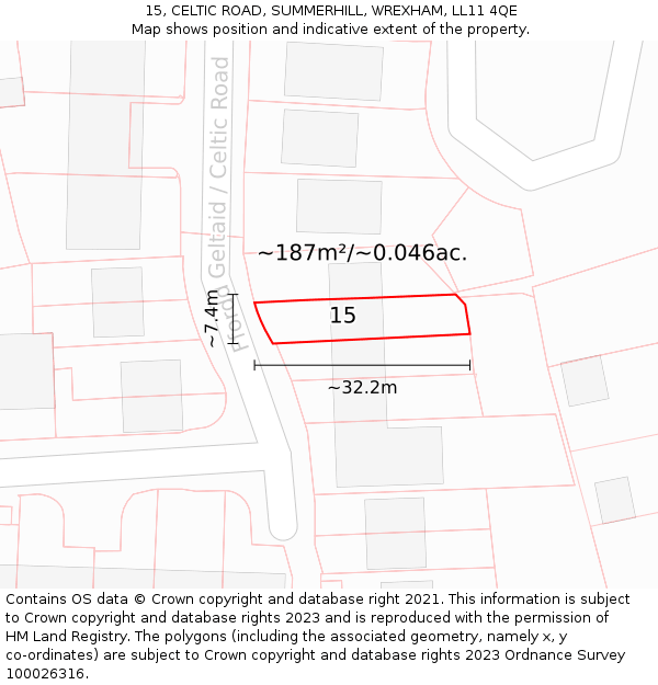 15, CELTIC ROAD, SUMMERHILL, WREXHAM, LL11 4QE: Plot and title map