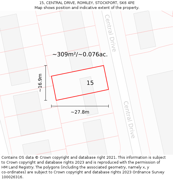 15, CENTRAL DRIVE, ROMILEY, STOCKPORT, SK6 4PE: Plot and title map