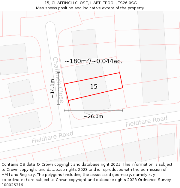 15, CHAFFINCH CLOSE, HARTLEPOOL, TS26 0SG: Plot and title map
