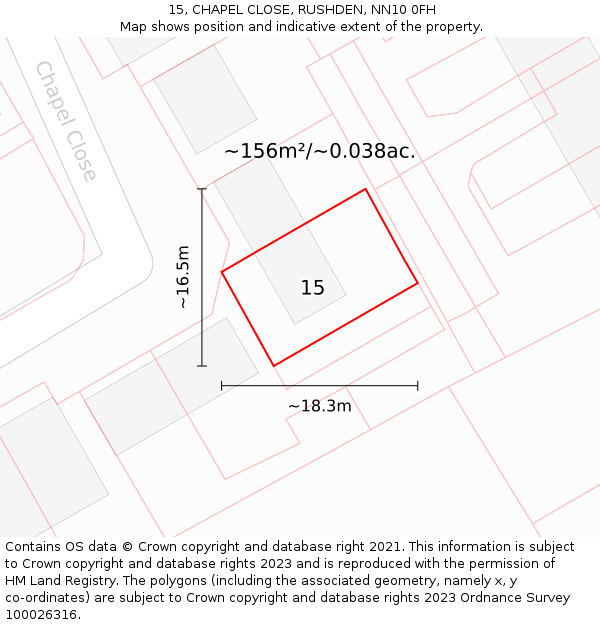 15, CHAPEL CLOSE, RUSHDEN, NN10 0FH: Plot and title map