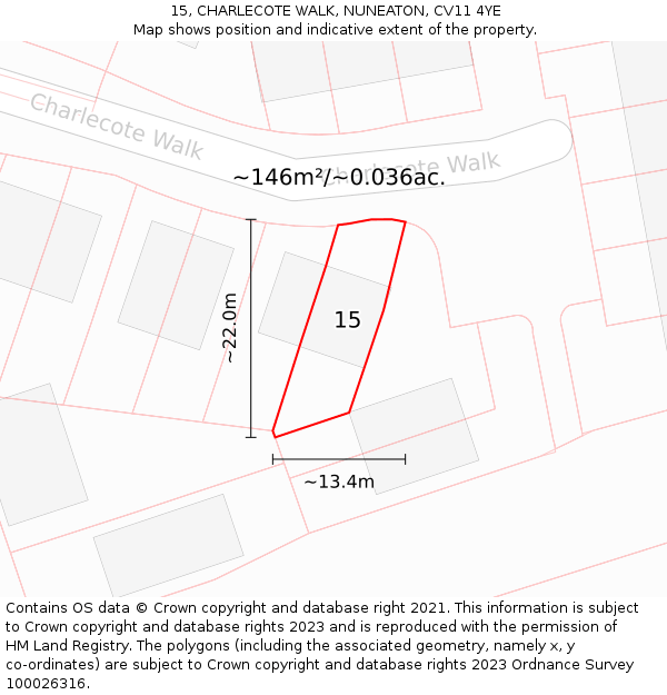 15, CHARLECOTE WALK, NUNEATON, CV11 4YE: Plot and title map