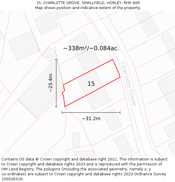 15, CHARLOTTE GROVE, SMALLFIELD, HORLEY, RH6 9AR: Plot and title map