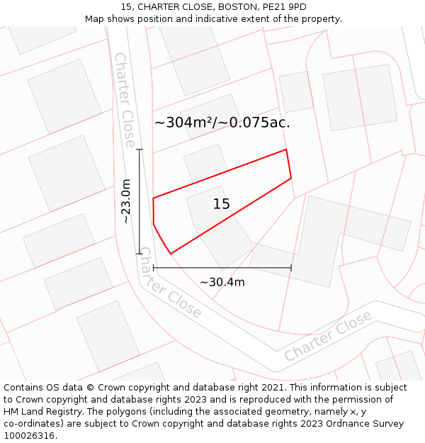 15, CHARTER CLOSE, BOSTON, PE21 9PD: Plot and title map