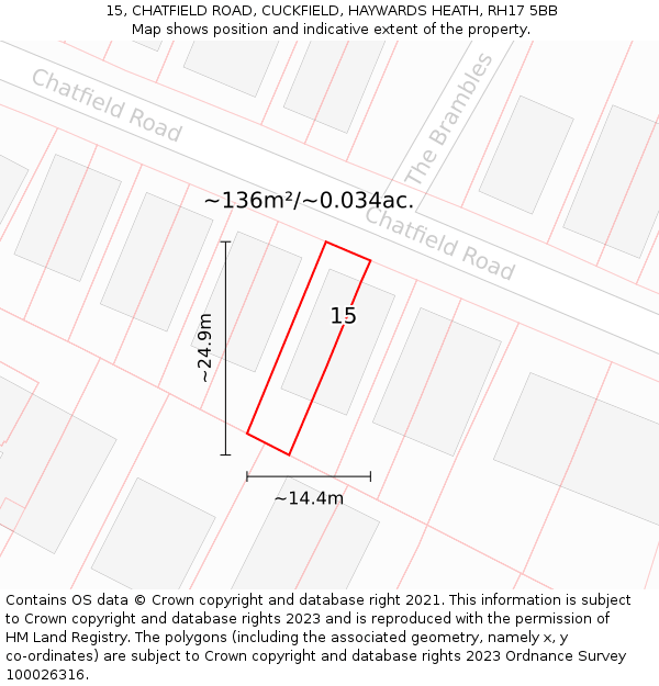15, CHATFIELD ROAD, CUCKFIELD, HAYWARDS HEATH, RH17 5BB: Plot and title map