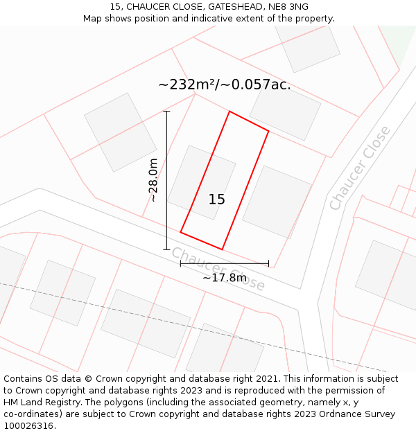 15, CHAUCER CLOSE, GATESHEAD, NE8 3NG: Plot and title map