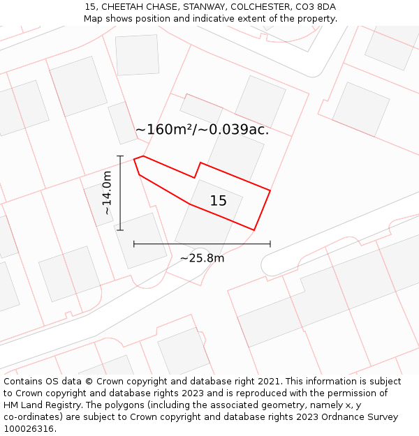 15, CHEETAH CHASE, STANWAY, COLCHESTER, CO3 8DA: Plot and title map