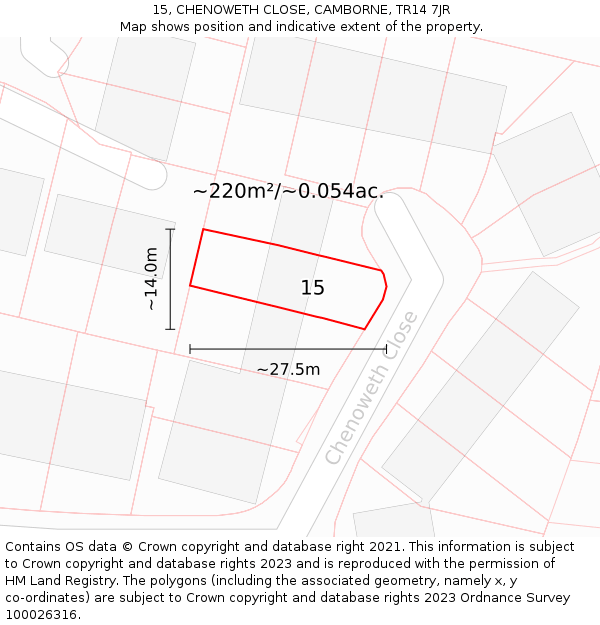 15, CHENOWETH CLOSE, CAMBORNE, TR14 7JR: Plot and title map