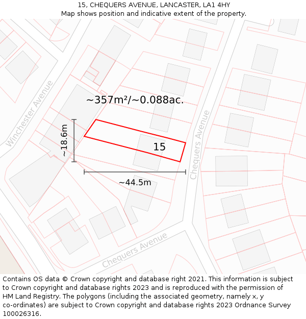 15, CHEQUERS AVENUE, LANCASTER, LA1 4HY: Plot and title map