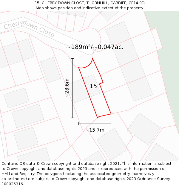 15, CHERRY DOWN CLOSE, THORNHILL, CARDIFF, CF14 9DJ: Plot and title map