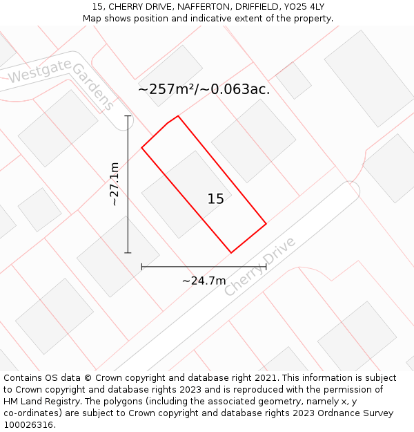 15, CHERRY DRIVE, NAFFERTON, DRIFFIELD, YO25 4LY: Plot and title map