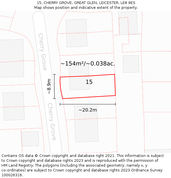 15, CHERRY GROVE, GREAT GLEN, LEICESTER, LE8 9ES: Plot and title map