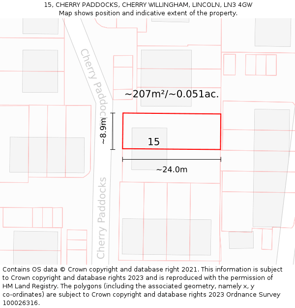 15, CHERRY PADDOCKS, CHERRY WILLINGHAM, LINCOLN, LN3 4GW: Plot and title map