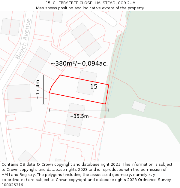 15, CHERRY TREE CLOSE, HALSTEAD, CO9 2UA: Plot and title map