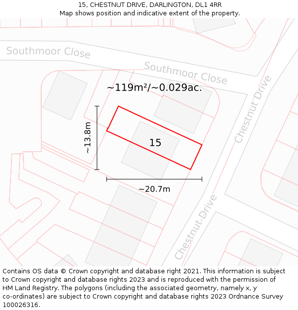 15, CHESTNUT DRIVE, DARLINGTON, DL1 4RR: Plot and title map