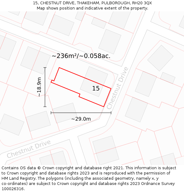 15, CHESTNUT DRIVE, THAKEHAM, PULBOROUGH, RH20 3QX: Plot and title map