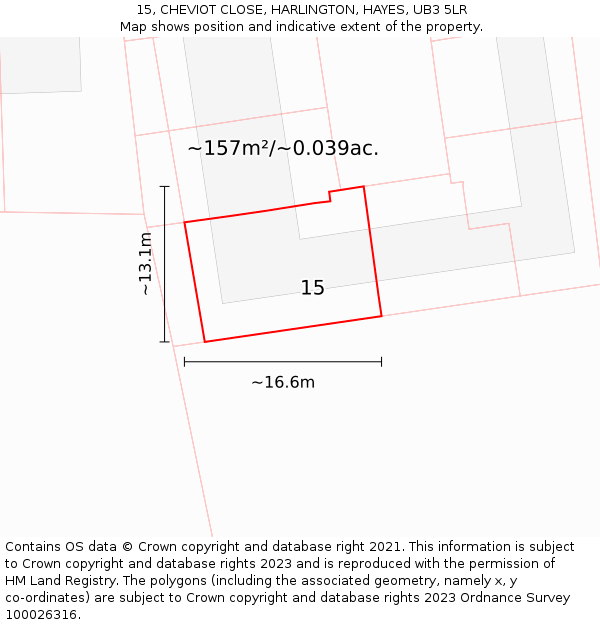 15, CHEVIOT CLOSE, HARLINGTON, HAYES, UB3 5LR: Plot and title map