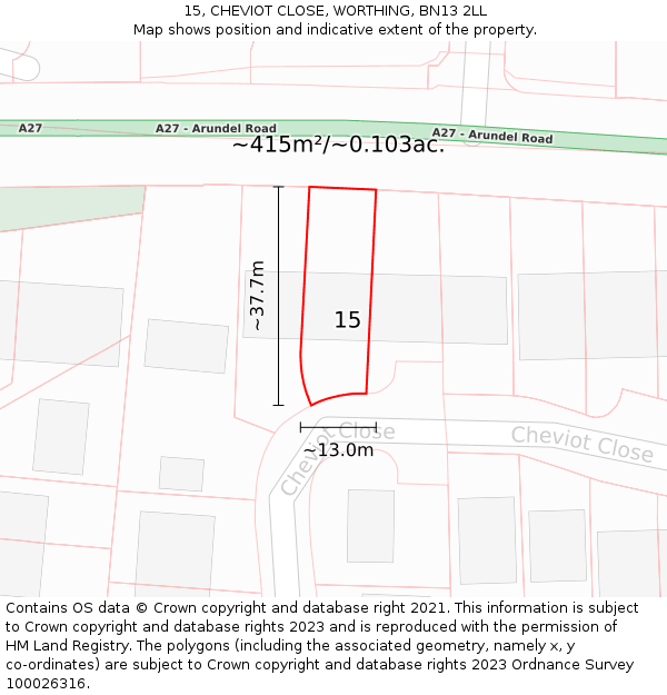 15, CHEVIOT CLOSE, WORTHING, BN13 2LL: Plot and title map