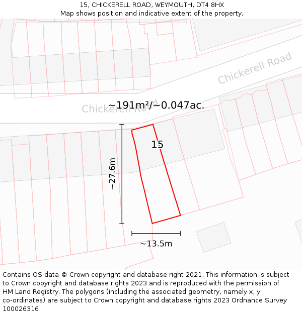 15, CHICKERELL ROAD, WEYMOUTH, DT4 8HX: Plot and title map